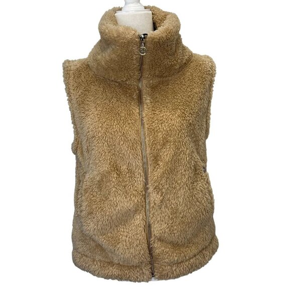 Tommy Hilfiger Sleeveless Vest Full Zip Faux Fur Ladies Size M Brown Mock Neck - Picture 1 of 6